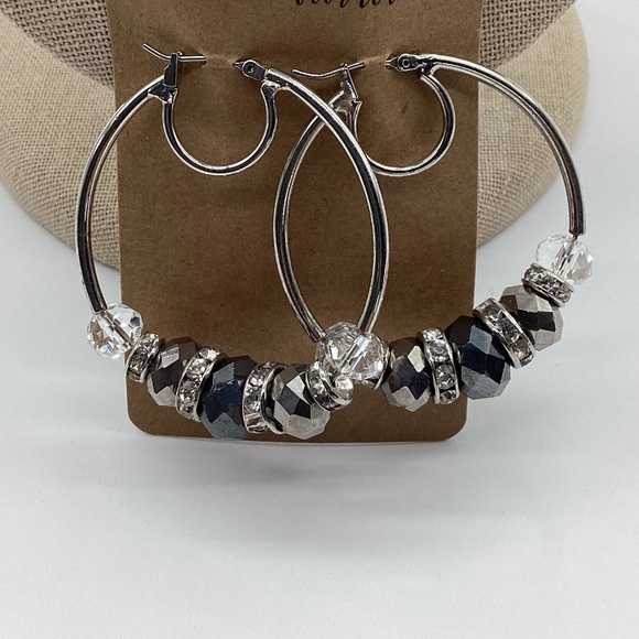 Lia Sophia Jewelry - 1859. Lia Sophia Diamond & Graphite Beaded Hoops EUC